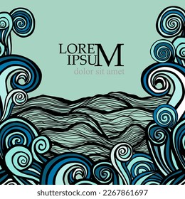 Sea background with waves. Frame with the river. Vector illustration
