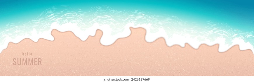 Sea background. Sea waves reach the coastline, beach and sand. Bird's eye view. Wide banner. Vector illustration.