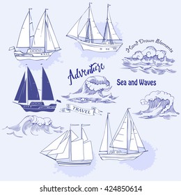 Sea background with waves and ships.Hand drawn elements for summer holidays.Travel, marin and ocean. Vector Illustration