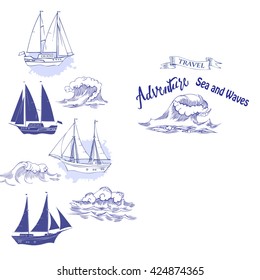 Sea background with waves and ships.Hand drawn elements for summer holidays.Travel, marin and ocean. Vector Illustration
