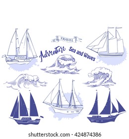 Sea background with waves and ships.Hand drawn elements for summer holidays.Travel, marin and ocean. Vector Illustration