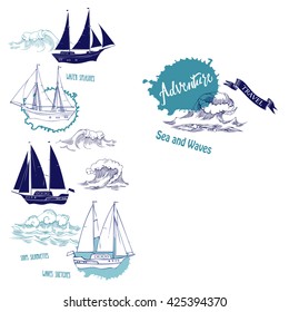 Sea background with waves and ships.Hand drawn elements for summer holidays.Travel, marin and ocean. Vector Illustration