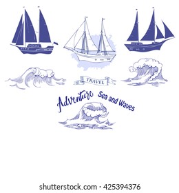 Sea background with waves and ships.Hand drawn elements for summer holidays.Travel, marin and ocean. Vector Illustration
