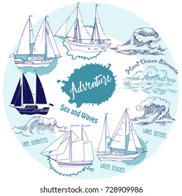 Sea background with waves and ships.Hand drawn elements for summer holidays.Travel, marin and ocean. Vector Illustration