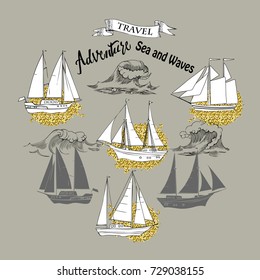 Sea background with waves and ships.Hand drawn elements for summer holidays.Travel, marin and ocean. Vector Illustration