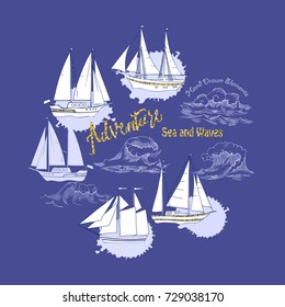 Sea background with waves and ships.Hand drawn elements for summer holidays.Travel, marin and ocean. Vector Illustration