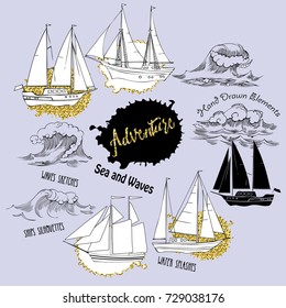 Sea background with waves and ships.Hand drawn elements for summer holidays.Travel, marin and ocean. Vector Illustration