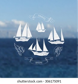Sea background with waves.Hand drawn elements for summer holidays with ships.Travel, marin, ocean and beach. Vector Illustration