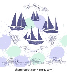Sea background with waves.Hand drawn elements for summer holidays with ships.Travel, marin, ocean and beach. Vector Illustration
