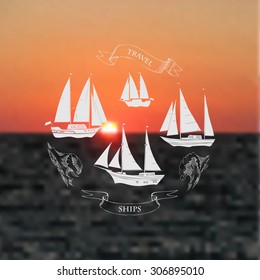 Sea background with waves.Hand drawn elements for summer holidays with ships.Travel, marin, ocean and beach. Vector Illustration