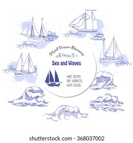 Sea background with waves.Hand drawn elements for summer holidays with ships.Travel, marin, ocean and beach. Vector Illustration
