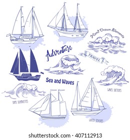 Sea background with waves.Hand drawn elements for summer holidays with ships.Travel, marin, ocean and beach. Vector Illustration