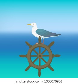 Sea background with wheel and  seagull