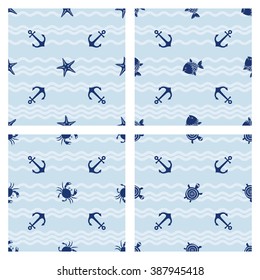 Sea backgrounds. Marine seamless patterns. Vector set. 