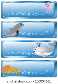 Sea banners with cartoon animals and bubbles