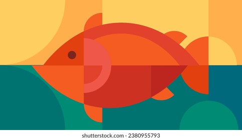 Sea bass. Sea fish in abstract geometric style. Modern retro minimal illustration. Fashion mosaic bauhaus concept design. Bright cartoon vector art for fresh background nautical food.