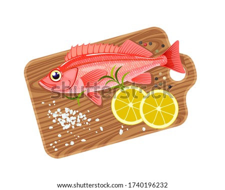 Sea bass fish on cutting board with lemon, salt and pepper. Vector illustration cartoon flat icon isolated on white background. Stock photo © 