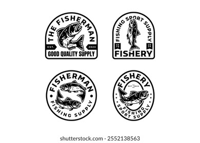 Peces de lubina con varias poses Conjunto de diseño de logotipo de insignia de silueta. Peces de lubina grande con algunas poses Ilustración Emblema Elemento de diseño colección para tienda de pescado, pesca deportiva y competencia