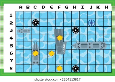 Sea battle game elements with effects.Sea battle. Board game.