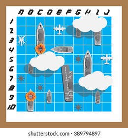 Sea Battle. Game set. Applique with realistic shadows. Vector illustration.