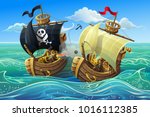 A sea battle of wooden ships. Attack of pirates on a merchant ship. Vector illustration.