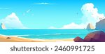 Sea bay background banner in cartoon design. Tropical sand beach landscape with stones, palm trees on rocks, ocean coastline with day clouds, flying seagulls and birds. Vector cartoon illustration