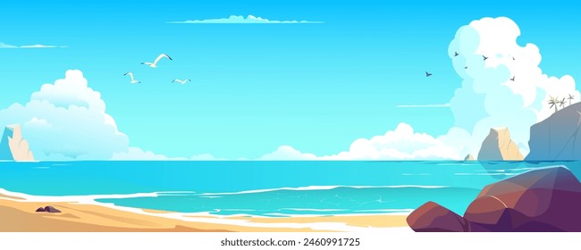 Anuncio de fondo de la bahía del mar en diseño de dibujos animados. Paisaje tropical de playa de arena con piedras, palmeras sobre rocas, costa oceánica con nubes diurnas, gaviotas voladoras y pájaros. Vector ilustración de dibujos animados