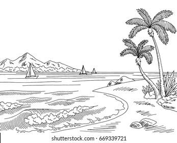 Sea bay graphic black white landscape sketch illustration vector