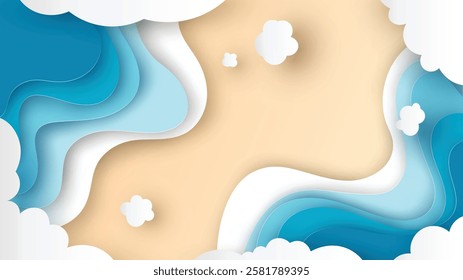 Sea beach aerial view. Top view of Beach. paper cut and craft style. vector, illustration.