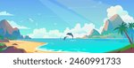 Sea beach background banner in cartoon design. Tropical sand lagoon landscape with palm trees, mountain rocks with day clouds, flying seagulls and jumping dolphins view. Vector cartoon illustration