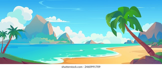 Anuncio de fondo de playa de mar en diseño de dibujos animados. Paisaje tropical de la laguna de la arena con las palmeras, rocas de montaña con las nubes del día, olas del océano. Vista idílica al mar en verano. Vector ilustración de dibujos animados