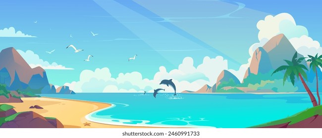 Anuncio de fondo de playa de mar en diseño de dibujos animados. Paisaje tropical de la laguna de arena con las palmeras, rocas de montaña con las nubes del día, gaviotas voladoras y la vista saltando de los delfines. Vector ilustración de dibujos animados