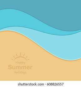 Sea beach background top view .Abstract waves and inscription happy summer holiday . Vector illustration flat design.