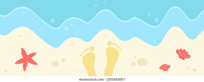 Sea beach banner. Vector illustration of waves and footprints in sand. Drawing of starfish and shells. Summer background.