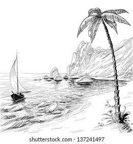 Sea beach, boat and palm tree vector sketch