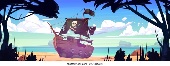 Sea Beach With Broken Pirate Ship After Shipwreck And Jungle Trees. Ocean Shore Landscape With Old Sunken Wooden Corsair Boat With Cannons, Black Flag And Sails With Skull, Vector Cartoon Illustration