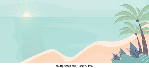 Meeresstrand-Cartoon-Stil Hintergrund Vektorgrafik. Sonniger Tag. Hintergrunddesign am Strand und Kokospalmen
