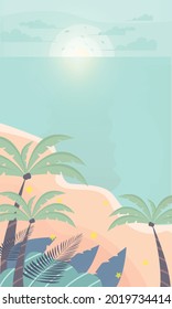 Sea beach cartoon style background vector. Sunny day. background design on the beach and coconut trees
