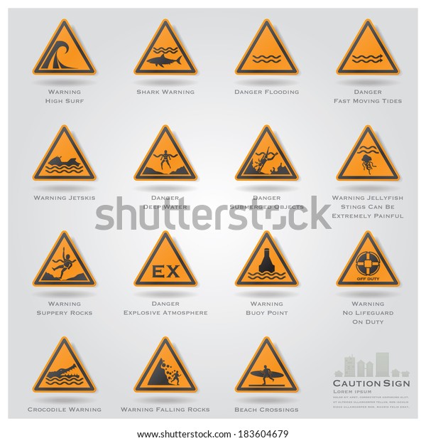 Sea Beach Caution Warning Sign Icons Stock Vector (Royalty Free ...