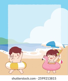 Sea, Beach, Children, Tube, Summer Vacation, Kids, Cute, Character, Parasol, Sunbed, Sky, Summer


