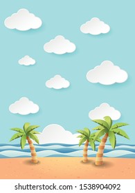 sea with beach and coconut tree , paper art style