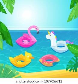 Sea beach with colorful floats in water, vector illustration. Kids inflatable toys flamingo, duck, donut, unicorn. Summer vacation background.