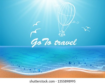 Sea beach and doodle elements. go to travel hand draw inscription. Sand and wave. Realistic vector background