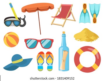 Sea beach elements clipart vector design illustration. Sea, beach, ball, chair, flipflops, umbrella set. Vector Clipart Print