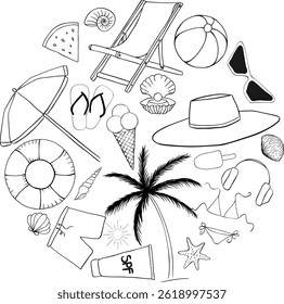 Sea beach essentials circle round composition. Vector graphic line ink illustration. Banner, poster, wrapping paper, sticker, print, modern textile design.
