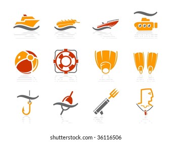 Sea, Beach, Fishing and Diving icons. Vector icon set. Three color icons.