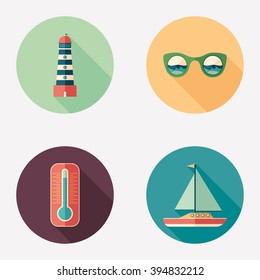 Sea and beach flat round icon set.
