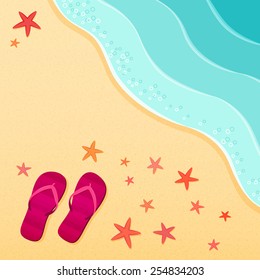 Sea beach. Flip flops and starfish shells on the beach. Vector illustration. Vacation travel concept, copy space.