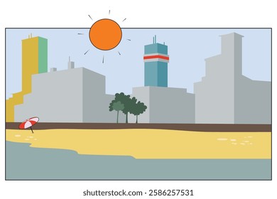 Sea and beach in front of hotels. Illustration concept template for website, web landing page, banner, presentation, social, poster, promotion or print media.