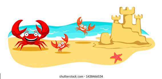 Sea beach. Happy crabs and sand castle on beach. 